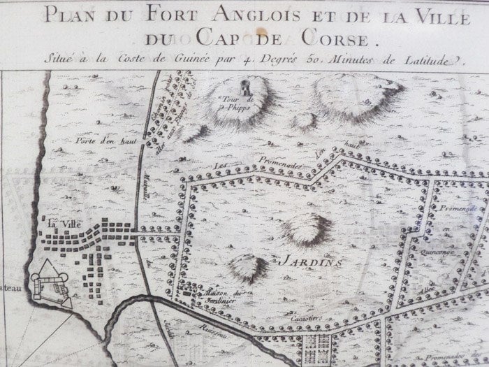 Item #1665585 1747 Plan from Prevost's 'Histoire Generale des Voyages': Plan du Fort Anglois et de la Ville du Cap de Corse, Situe a la Coste de Guinee par 4. Degres 50. Minutes de Latitude. Prevost.