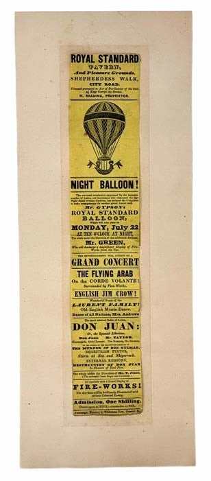 Item #2307815 Original 1839 British Ballooning / Circus Advertisement: Mr. Gypson's Royal Standard Balloon, Advertised together with Musical Entertainment, Trapeze Artists, and Fireworks.