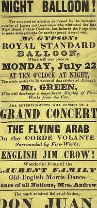Original 1839 British Ballooning / Circus Advertisement: Mr. Gypson's Royal Standard Balloon, Advertised together with Musical Entertainment, Trapeze Artists, and Fireworks