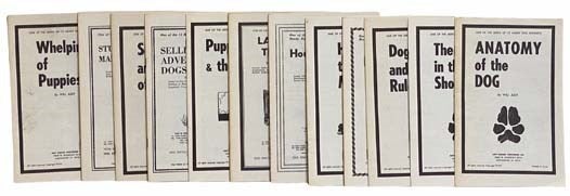 Item #2311352 Handy Dog Booklets, in 12 Volumes: Anatomy of the Dog; The Dog in the Show Ring; Dog Shows and Rules; Feeding the Dog; Handling and Mating; Housebreaking the Dog; Law and the Dog; Puppies and Their Care; Selling and Advertising Dogs; Shipment and Travel of Dogs; Stud Dog Management; Whelping of Puppies. Will Judy.