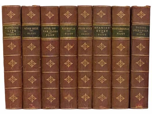 Item #2311684 George Eliot's Works, in Eight Volumes: Scenes of a Clerical Life: The Sad Fortunes of the Reverend Amos Barton, Mr. Gilfil's Love Story, Janet's Repentance [with] Silas Marner, The Lifted Veil, and Brother Jacob; Adam Bede; The Mill on the Floss; Romola; Felix Holt, the Radical [with] Impressions of Theophrastus Such; The Spanish Gypsy, The Legend of Jubal, and Other Poems, Old and New [with] Essays and Leaves from a Note-Book; Middlemarch: A Study of Provincial Life; Daniel Deronda. George Eliot, Marian Evans.