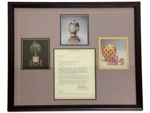 Item #2324293 Typed Letter Signed by Malcolm S. Forbes Dated May 4, 1979, on Forbes Magazine Letterhead, Matted and Framed with Three Images of Items from the Forbes Magazine Collection of Faberge, with Presentation Slips from the Publisher Presenting the Recipient William J.P. Smith III of Data General Corporation with a Complimentary Subscription to Forbes [with] June 8, 1979 TLS, also from Forbes to Smith, and Folder of Forbes-Related Ephemera (Postcard, Pamphlets, Greeting Cards, News Clipping, Exhibition Catalog). Malcolm S. Forbes, Forbes Magazine.
