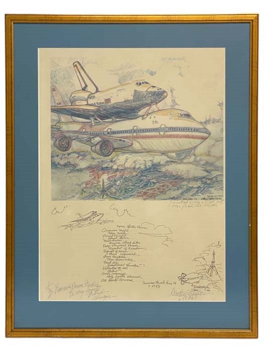 Item #2327829 Framed Print of NASA Space Shuttle Transported by Jumbo Jet at the Paris Art Show, Signed by Official NASA Artist Walter S. Taylor.
