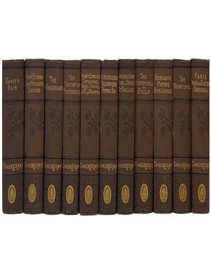 Item #2335426 Thackeray's Works in Eleven Volumes, Caxton Edition: Vanity Fair. A Novel Without a Hero.; The Memoirs of Barry Lyndon. Great Hoggarty Diamond. Sketches and Travels in London. Character Sketches. Men's Wives.; The Virginians. A Tale of Last Century.; The History of Pendennis. His Fortunes and Misfortunes, His Friends and His Greatest Enemy. The History of Henry Esmond. Catherine, Dennis Duval, and Lovel the Widower; Burlesques. Novels by Eminent Hands. Jeames's Diary. Adventures of Major Gahagan. A Legend of the Rhine. Rebecca and Rowena. The History of the Next French Revolution. Cox's Diary. Yellowplush Papers. Fitzboodle Papers. The Wolves and the Lamb. The Bedford Row Conspiracy. A Little Dinner at Timmins's. The Fatal Boots. Little Travels.; The Christmas Books of Mr. M.A. Titmarsh. Mrs. Perkins's Ball. Our Street. Dr. Birch. The Kickleburys on the Rhine. The Rose and the Ring. The Book of Snobs, and Ballads.; The Adventures of Philip on His Way Through the World; Shewing Who Robbed Him, Who Helped Him, and Who Passed Him By: to which is now prefixed A Shabby Genteel Story.; Roundabout Papers (from the Cornhill Magazine.) to which is added The Second Funeral of Napoleon. The Four Georges. The English Humourists of the Eighteenth Century. Critical Reviews and Selections from Punch.; The Newcomes. Memoirs of a Most Respectable Family.; The Paris Sketch Book of Mr. M.A. Titmarsh; The Irish Sketch Book: and Notes of a Journey from Cornhill to Grand Cario. William Makepeace Thackeray.
