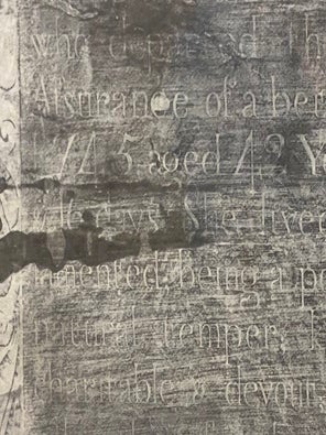Modern Rubbing Taken from Colonial American Gravestone of Tabitha [Banks] Bragdon at South Side Cemetery in York, Maine, Framed Under Glass